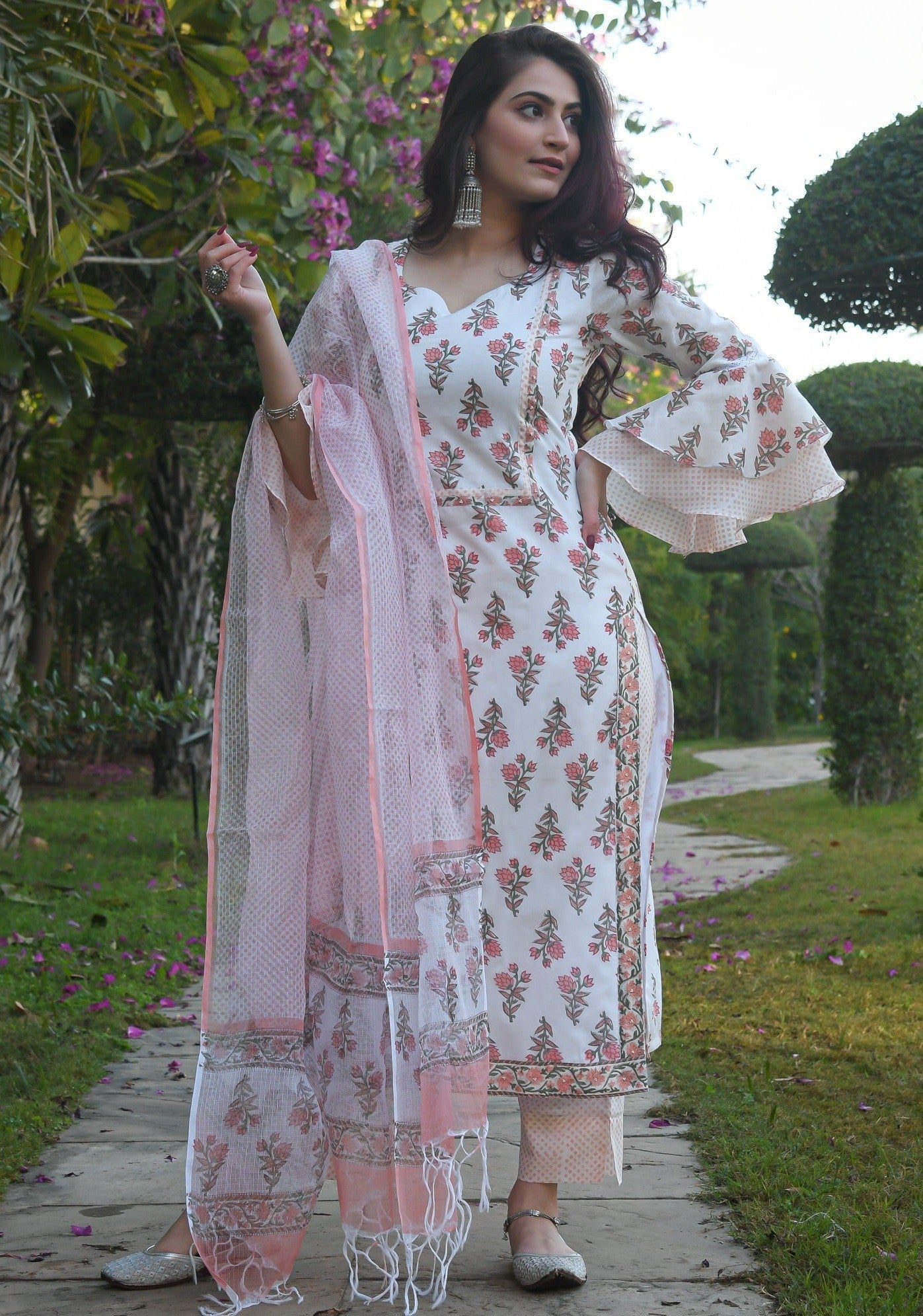 White & Baby Pink Printed Fancy Kurti With Bottom & Dupatta set