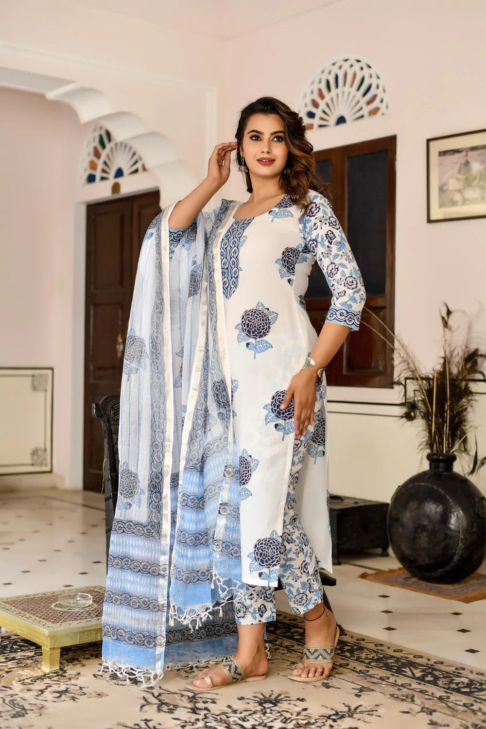 White & Royal Blue Floral Print Fancy Kurti With Bottom & White Dupatta set