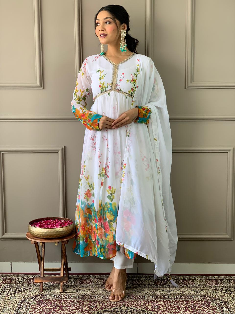 Alia Designe Floral Kurta set with Knee Bottom Pant and Border Dupatta