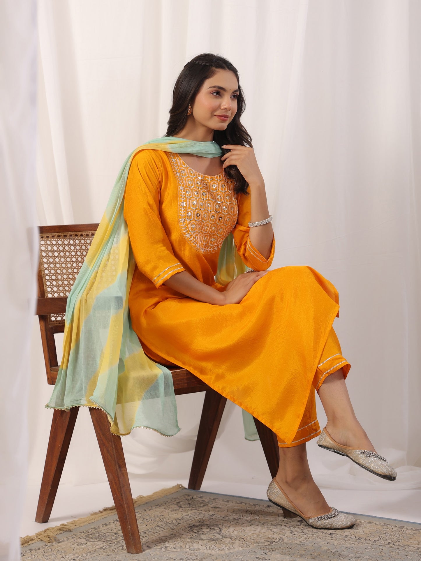 Yellow Embroidered Kurta with Trousers with Dupatta