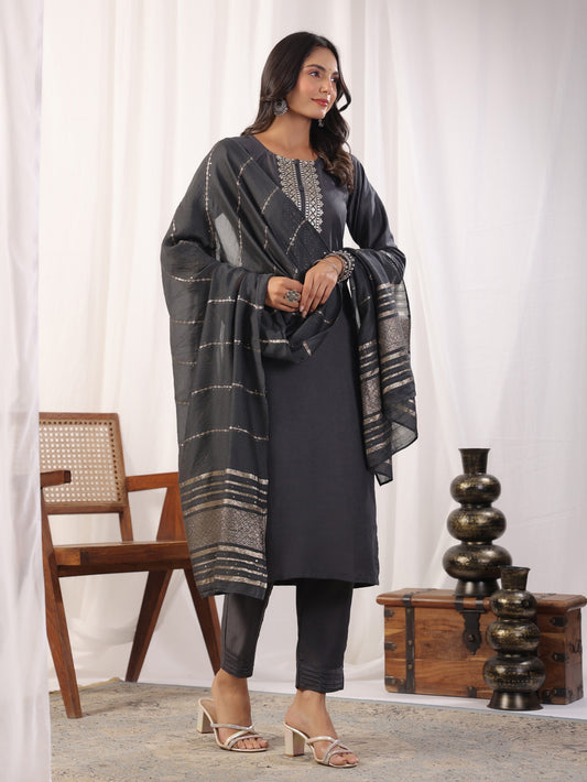 Grey Embordered A Line Kurta Set With Dupatta