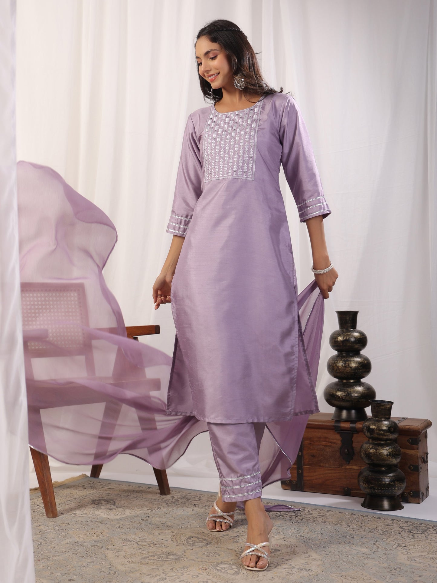 Embroidered Straight Kurta with Trousers & And Dupatta