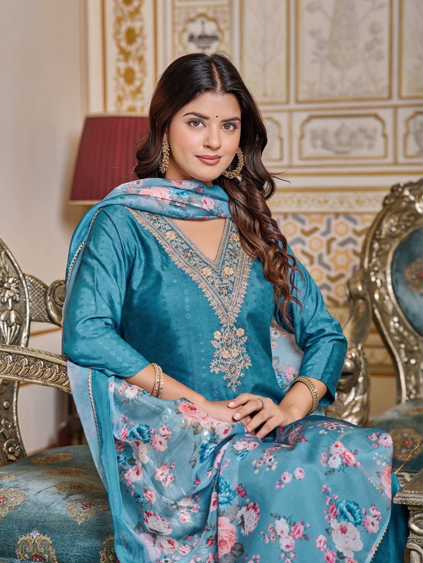 Embroidered Chanderi Kurti With Pant & Dupatta Set