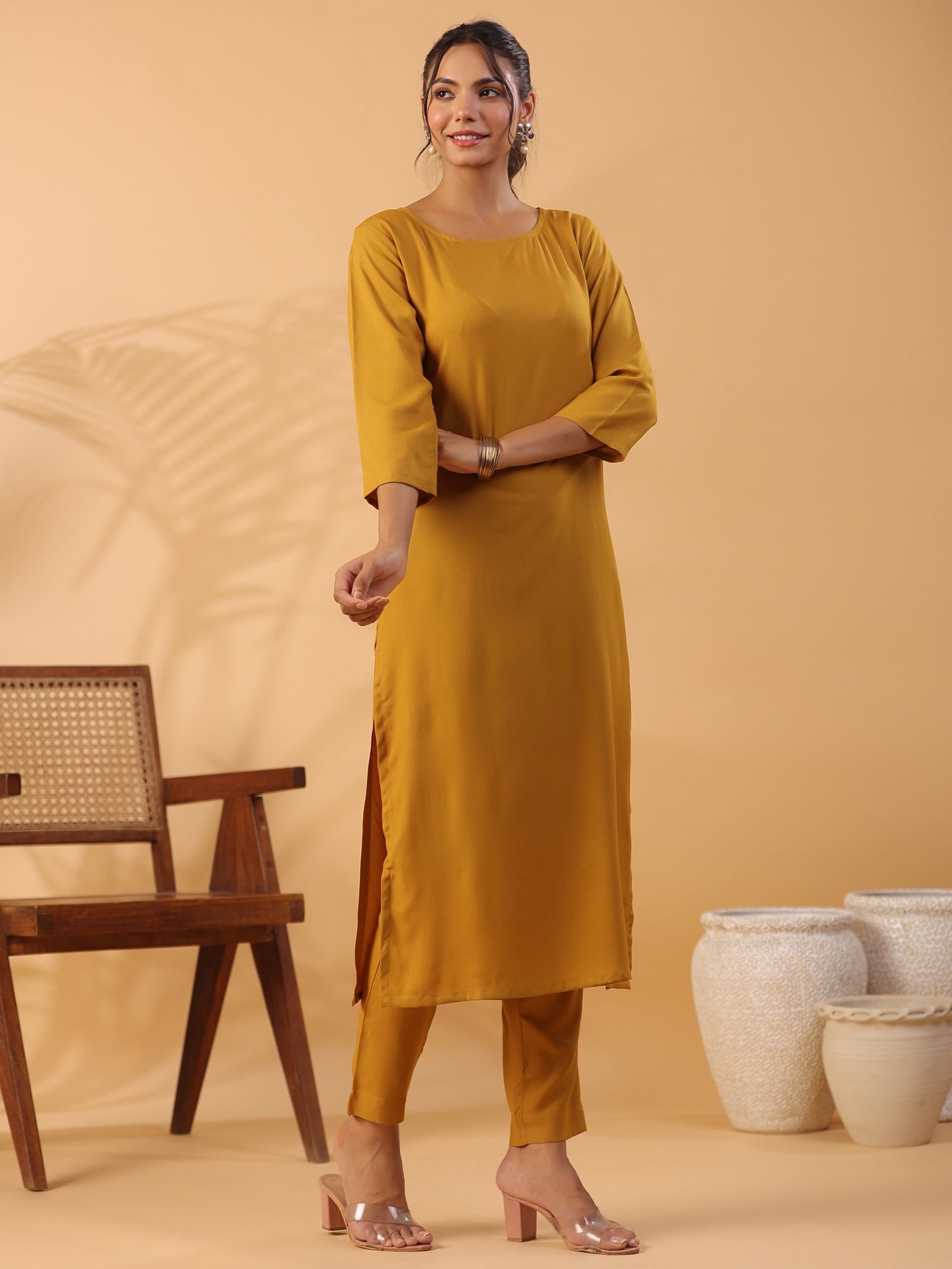 Mustard yellow Round Neck Straight Kurta With Trouser