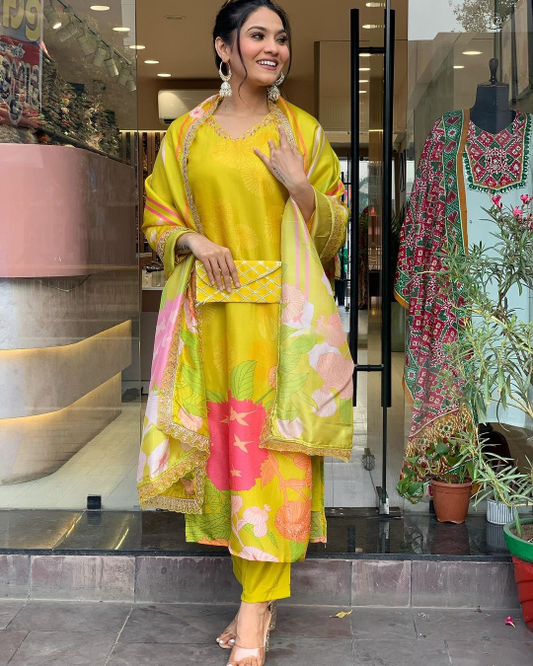 Yellow Beautiful and Simple Straight Kurta Set with Bottom and Dupatta