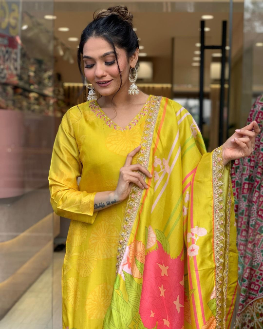 Yellow Beautiful and Simple Straight Kurta Set with Bottom and Dupatta