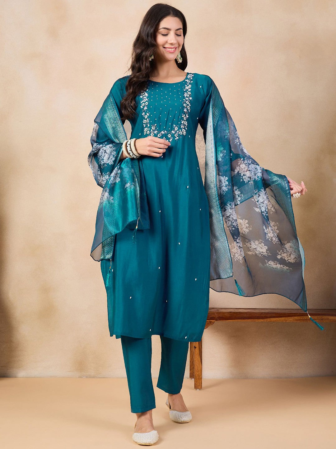 Beautiful Teal Blue Embroidered Kurta Set with Bottom Wear and Dupatta