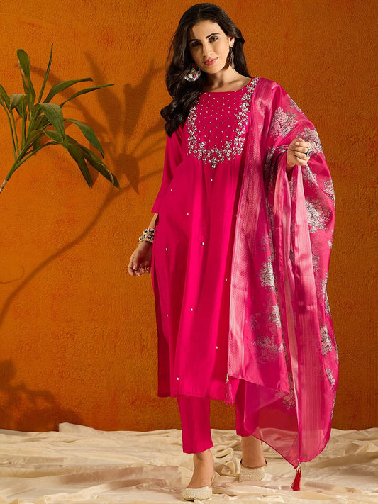 Beautiful Pink Embroidered Kurta Set with Bottom Wear and Dupatta