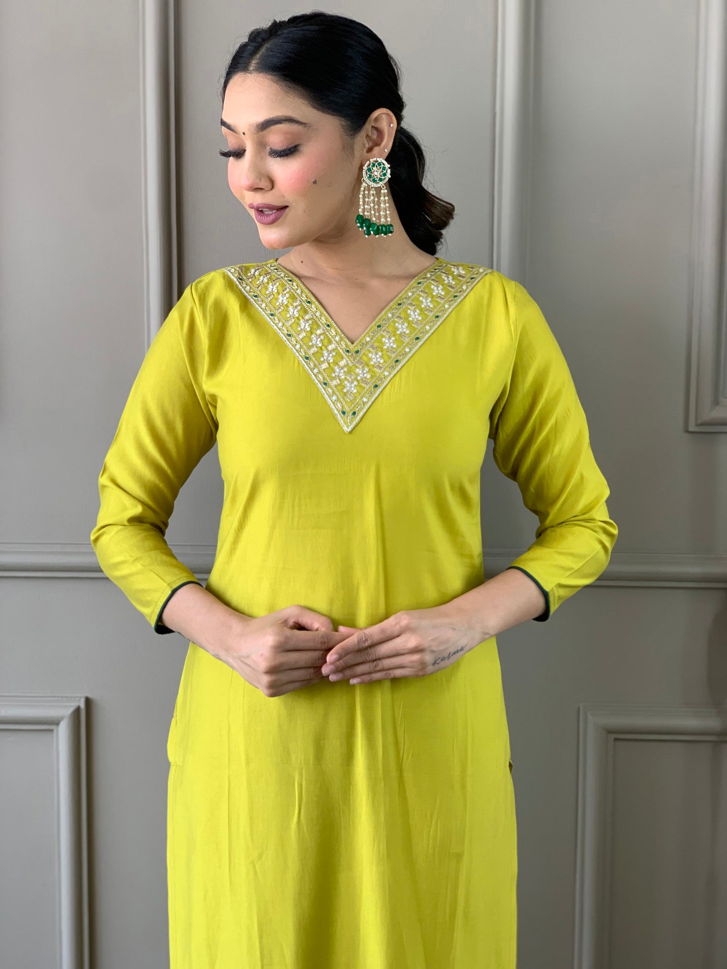 Lemon Yellow Viscose Silk Straight Kurta with bottom and dupatta