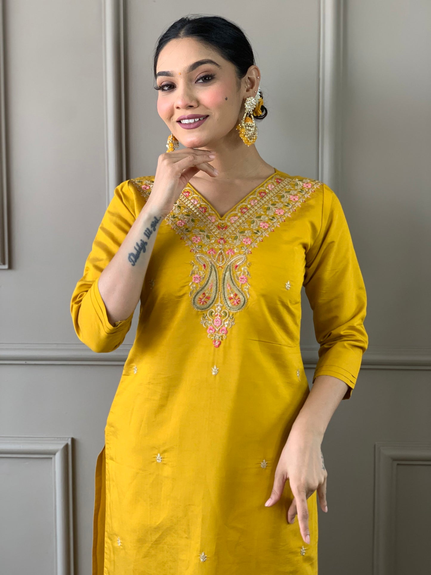 Mustard Classic Embroidery Design Kurta With Pant and Dupatta