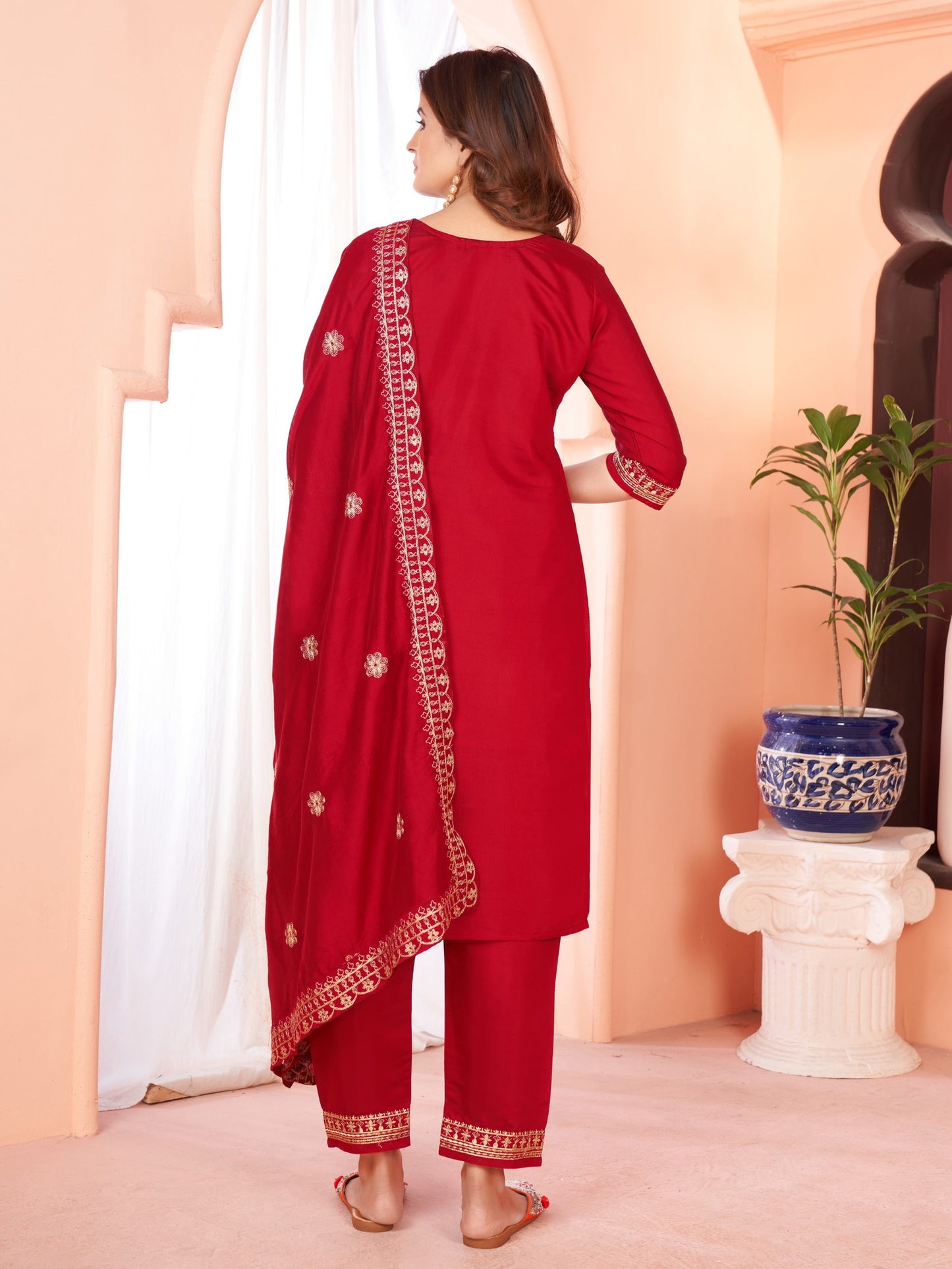 Maroon Embroidered Kurta set With Bottom Wear and Dupatta