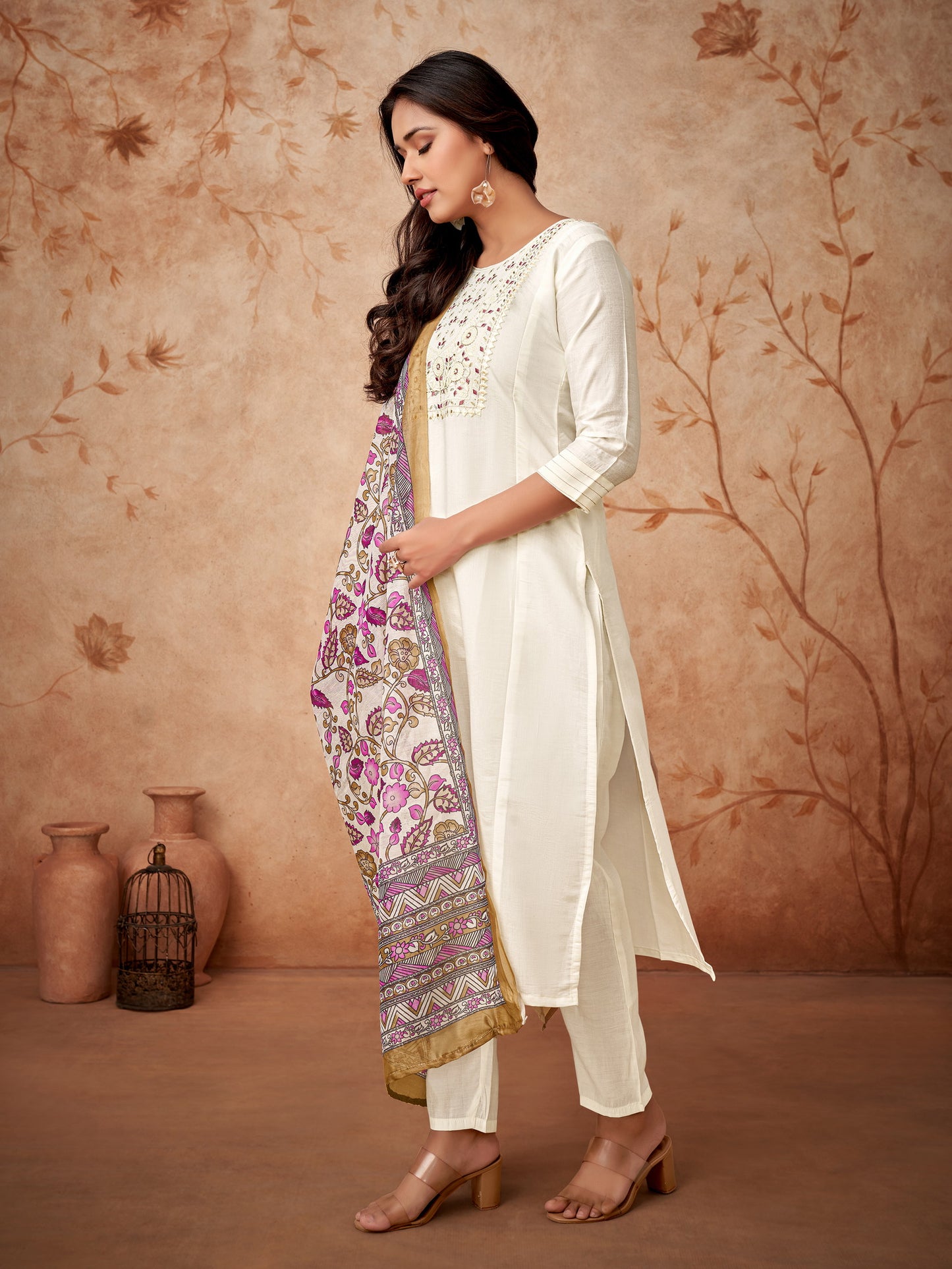 Women Embroidered Straight Kurta with Pants & Dupatta in White Color