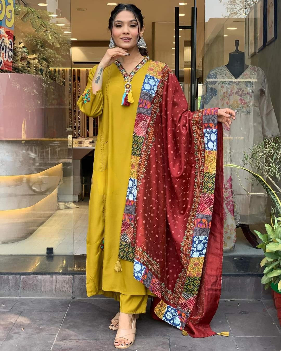 Mustard Yellow Simple Beautiful Kurta Set with Bottom and Dupatta