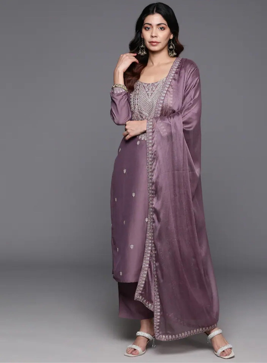 Onion Color Embroidered Women wear Kurta set with bottom wear and dupatta