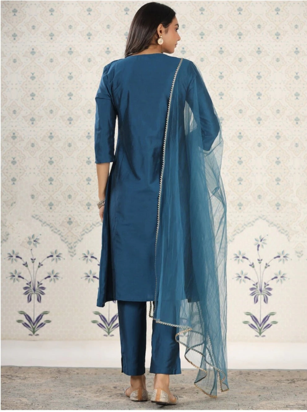 Beautiful Petrol Embroidered Kurta Set with Bottom Wear and Dupatta