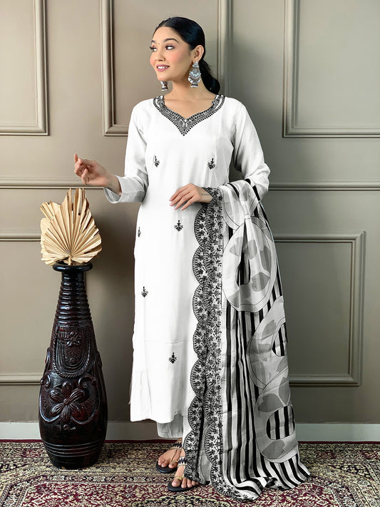 Women"s Off-White Embroidery Straight Kurta Pant With Dupatta