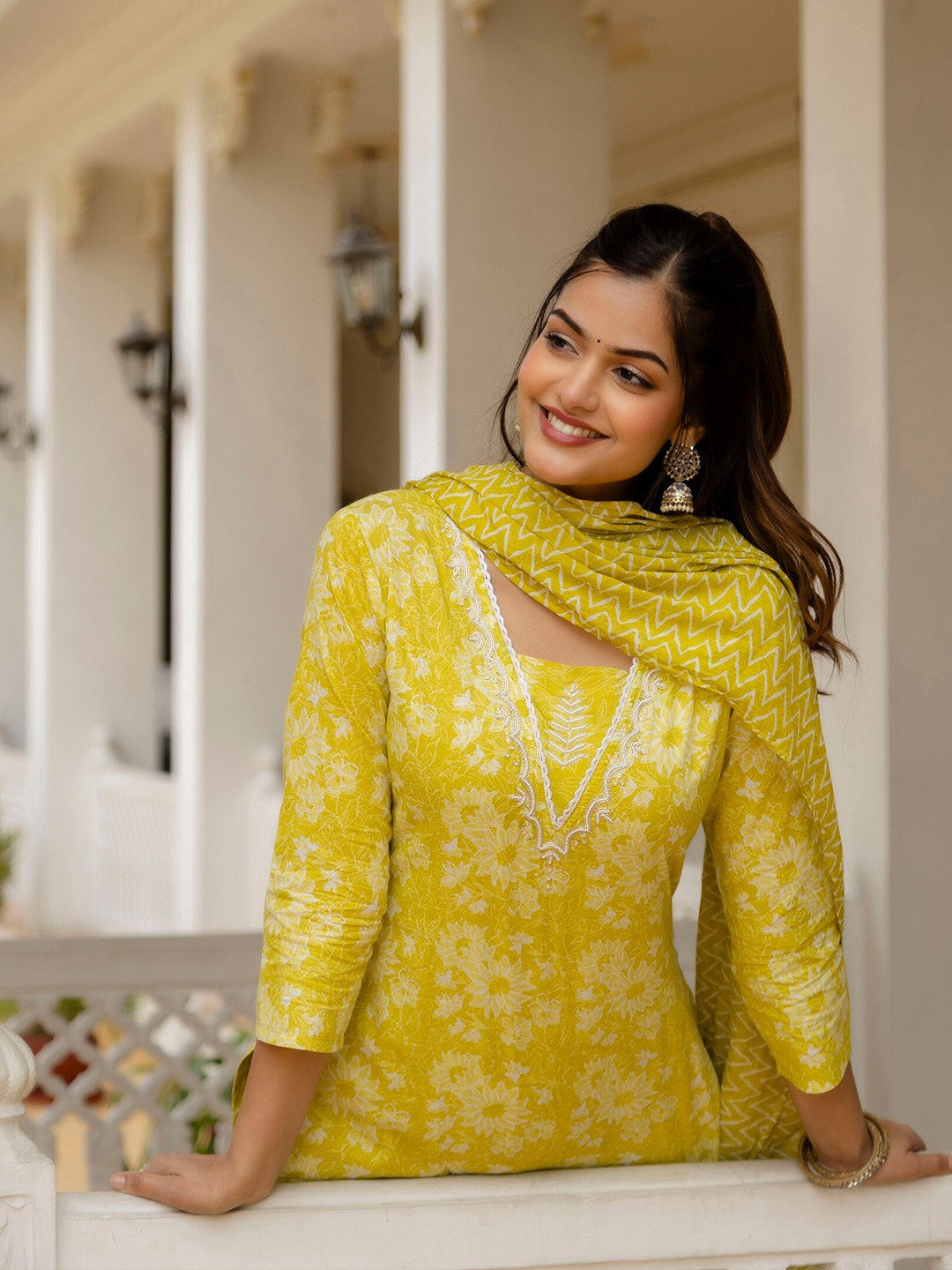 Printed Yellow Kurta Set with Bottom Wear and Dupatta